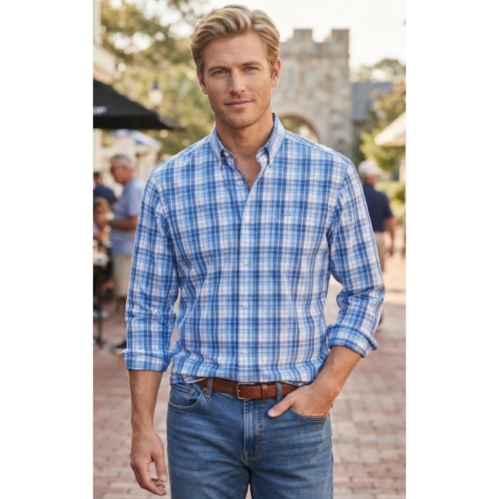 Southern Tide Men’s Plaid Button Down Ocean Blue Large